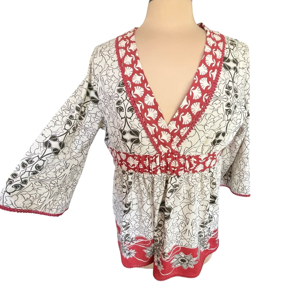 Art and Soul Floral Babydoll Top Sz L Red Black White Bell Sleeve Artsy Boho Y2K